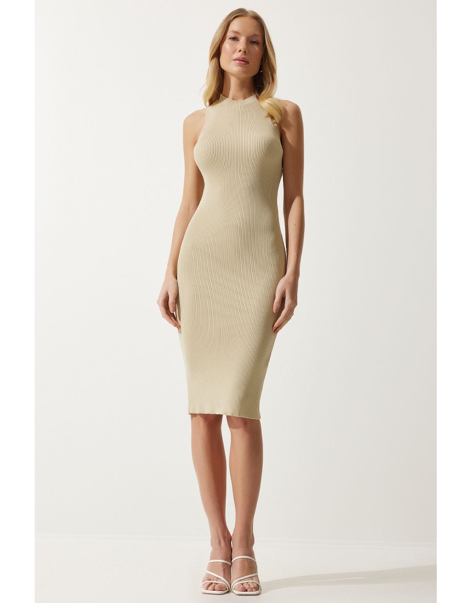 Women's Beige Ribbed Saran Knitwear Dress