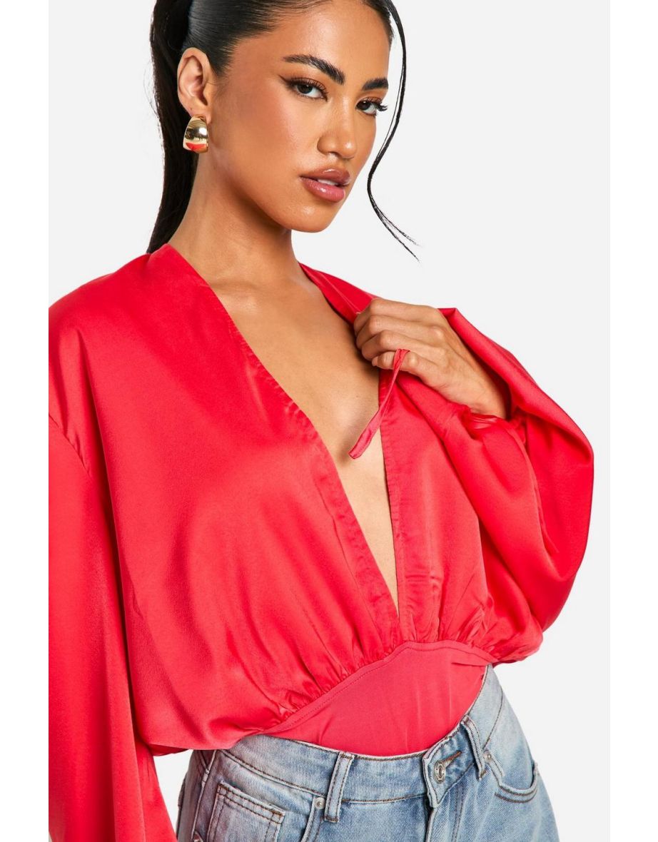 Balloon Sleeve Plunge Bodysuit - red - 3