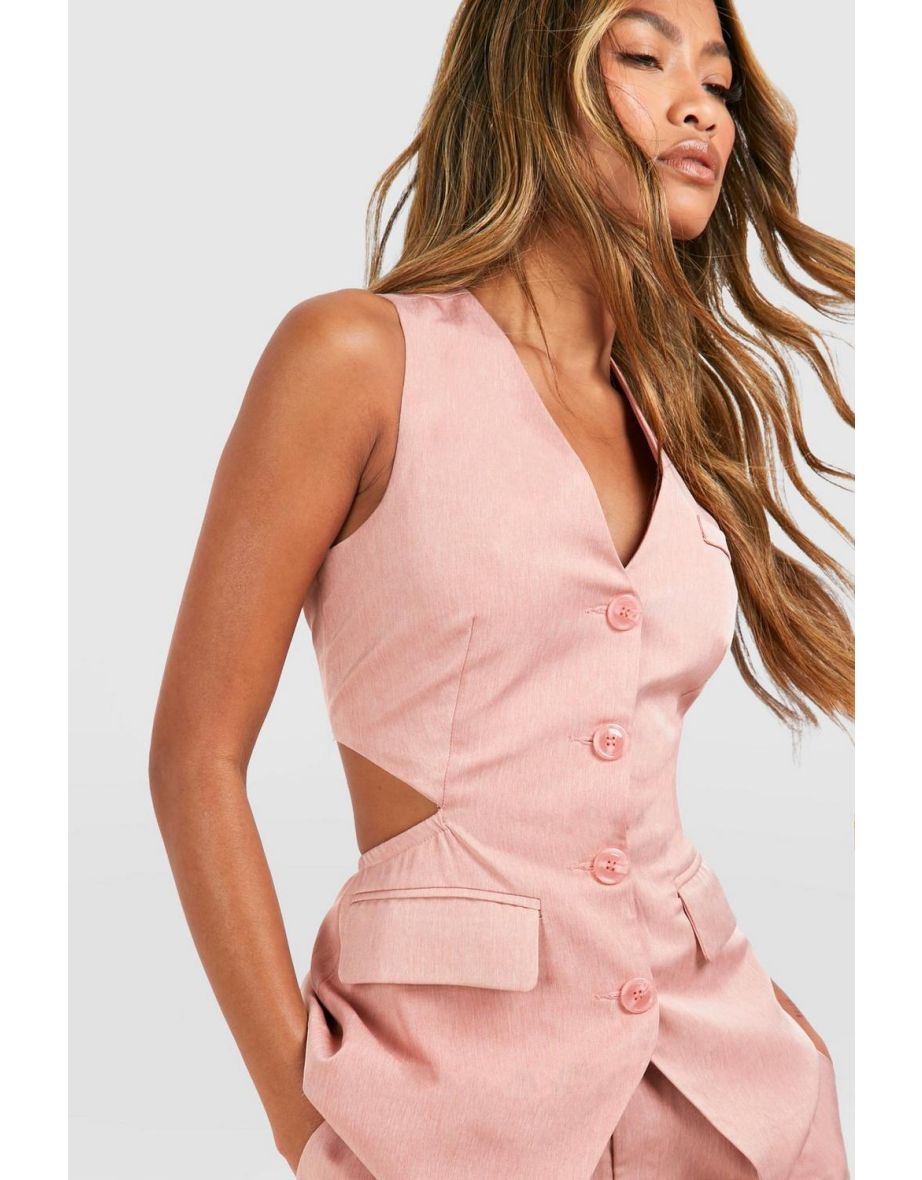 Linen Look Open Back Longline Waistcoat - peach - 3
