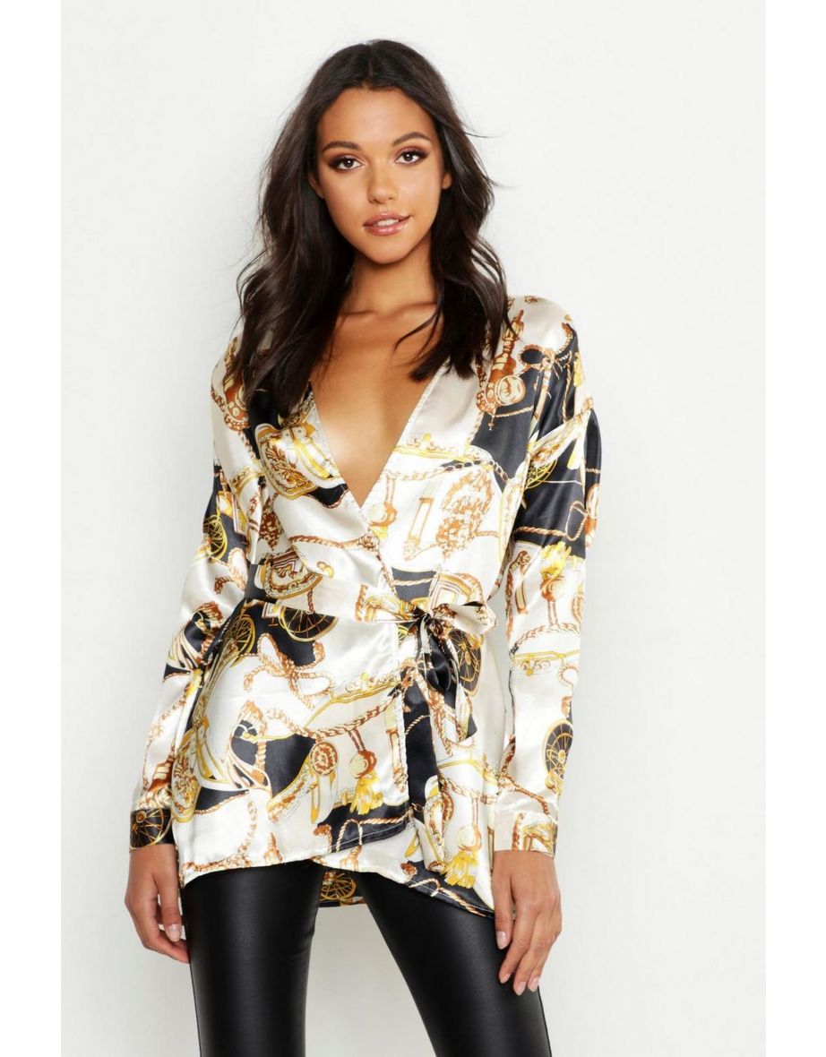 Tall Satin Chain Print Wrap Shirt - ivory - 3