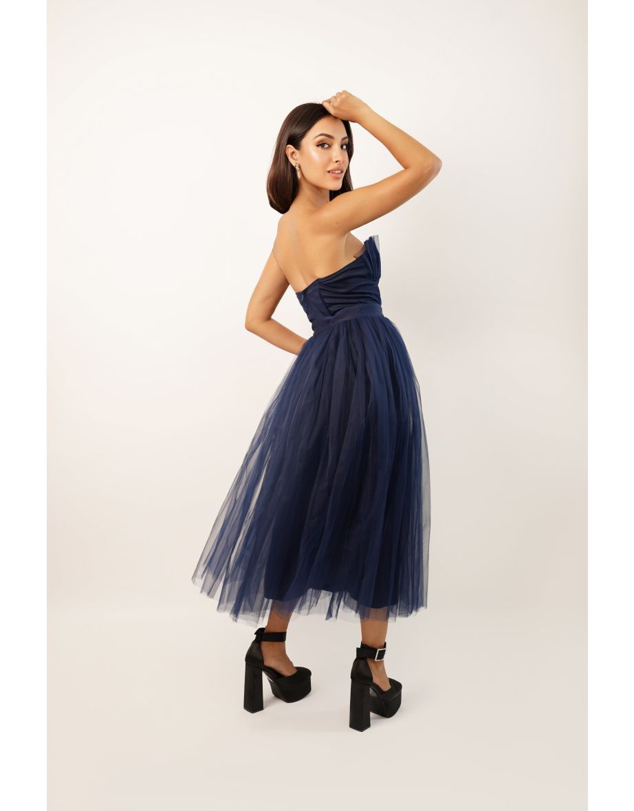 Nimo Dark Blue Tulle Midaxi Dress with Shell Cups - 2