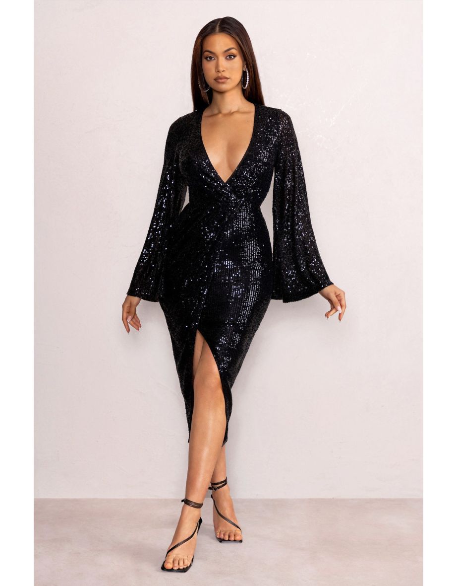 Amber | Black Sequin Plunge Wrap Maxi Dress with Cape Sleeves and Front Split