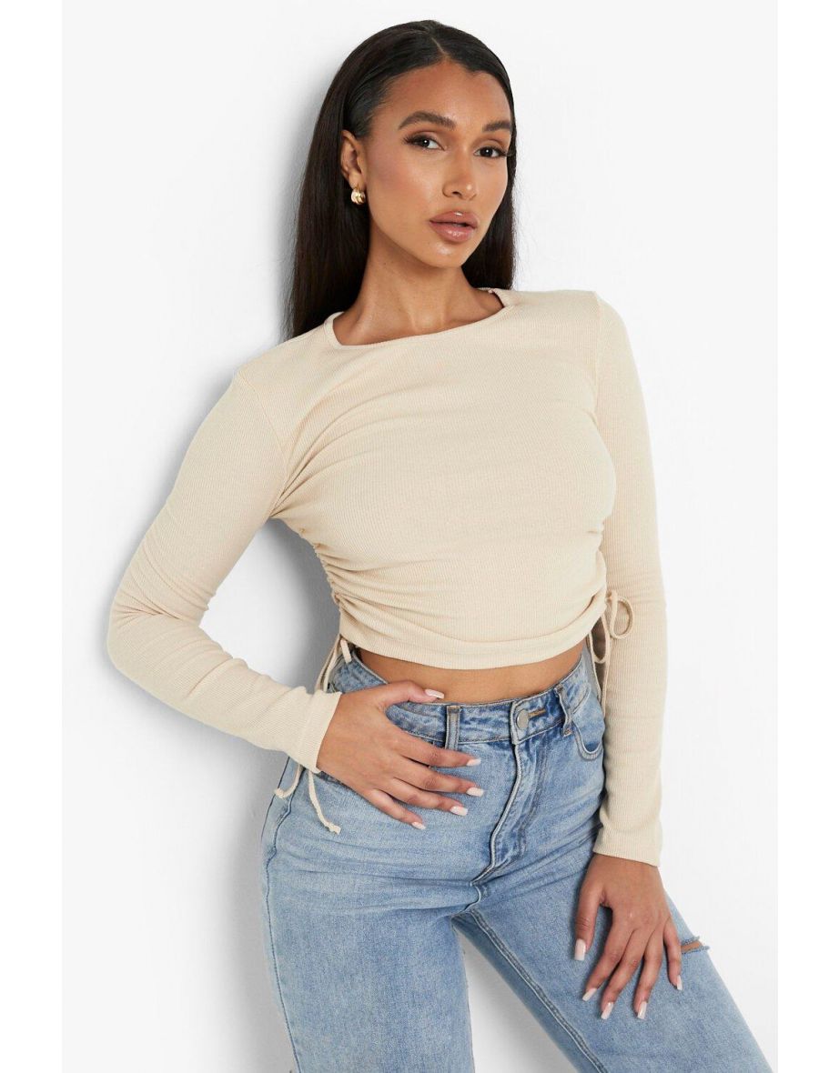Women's Black Recycled Side Ruched Long Sleeve Crop Top