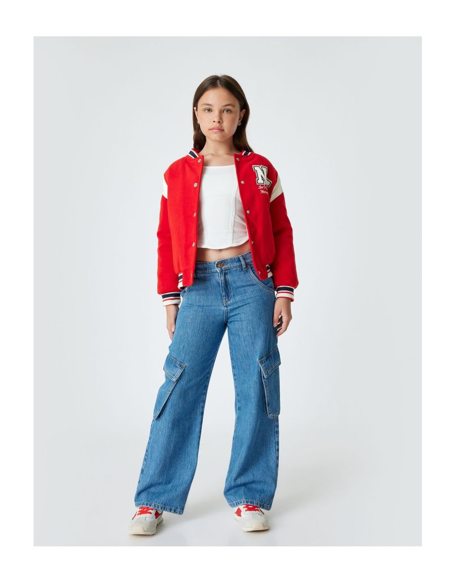 Oversize College Jacket Applique Detail Long Sleeve Color Block Snap Closure