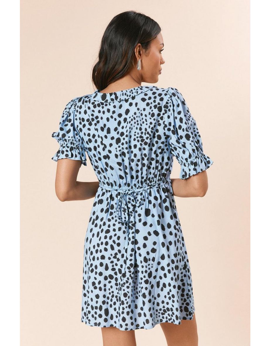 Blue Animal Frill Neckline Tie Back Mini Dress - 3