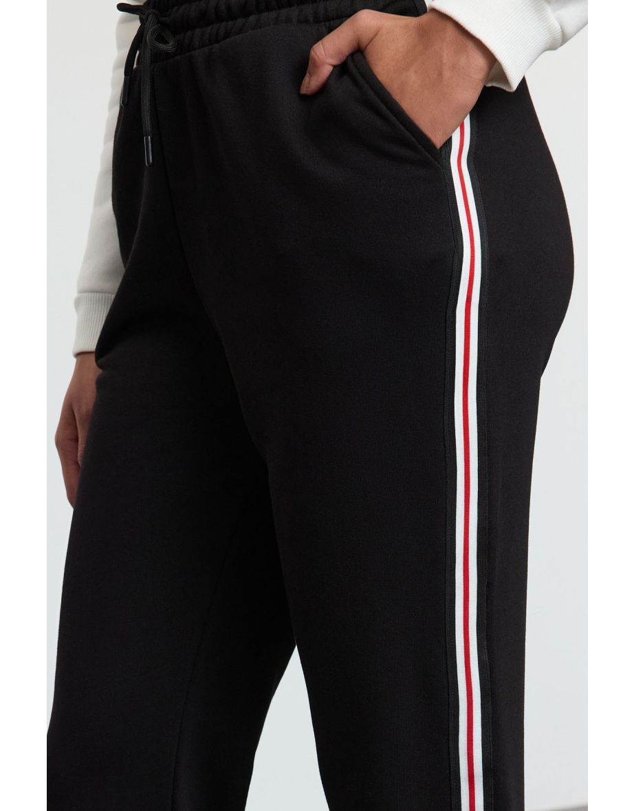 Black Side Stripe Detail Loose Jogger Normal Waist Thick Knitted Sweatpants - 4
