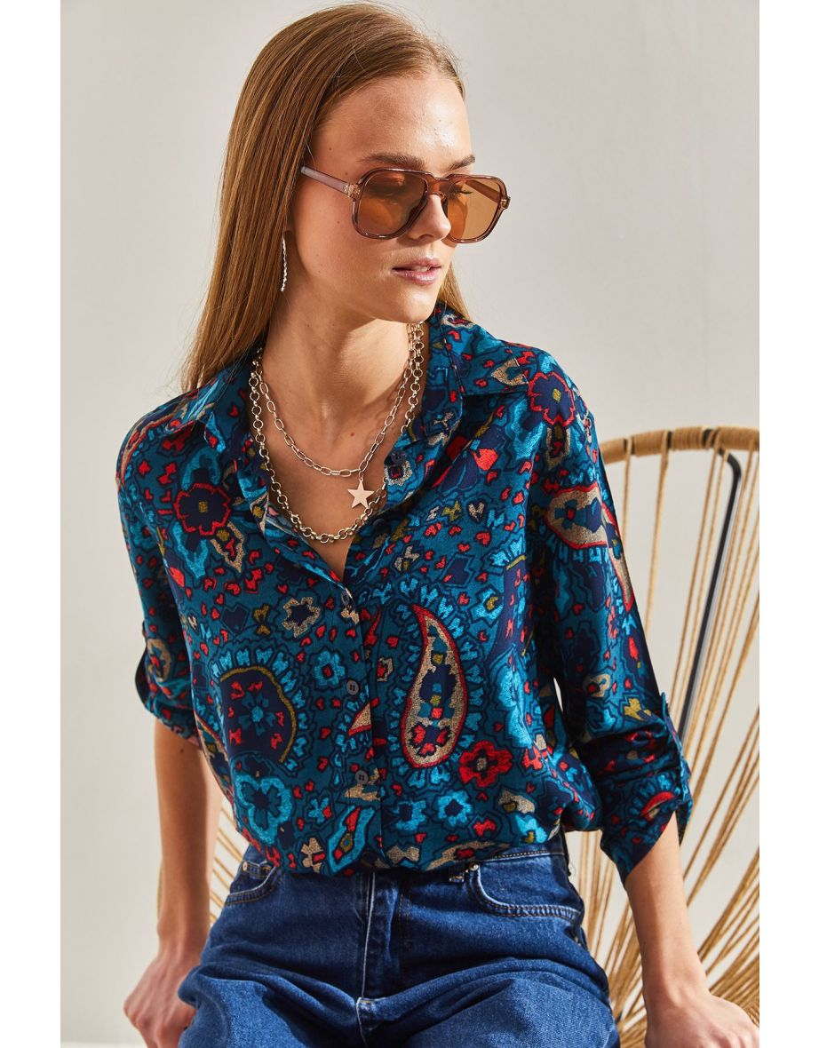 Women's Sleeve Fold Floral Pattern Viscose Shirt - 6