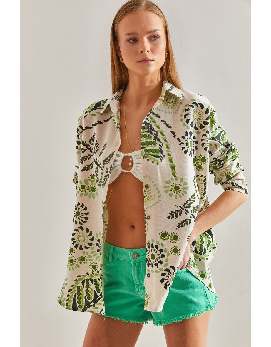 Women's Large Leaf Patterned Loose Linen Shirt