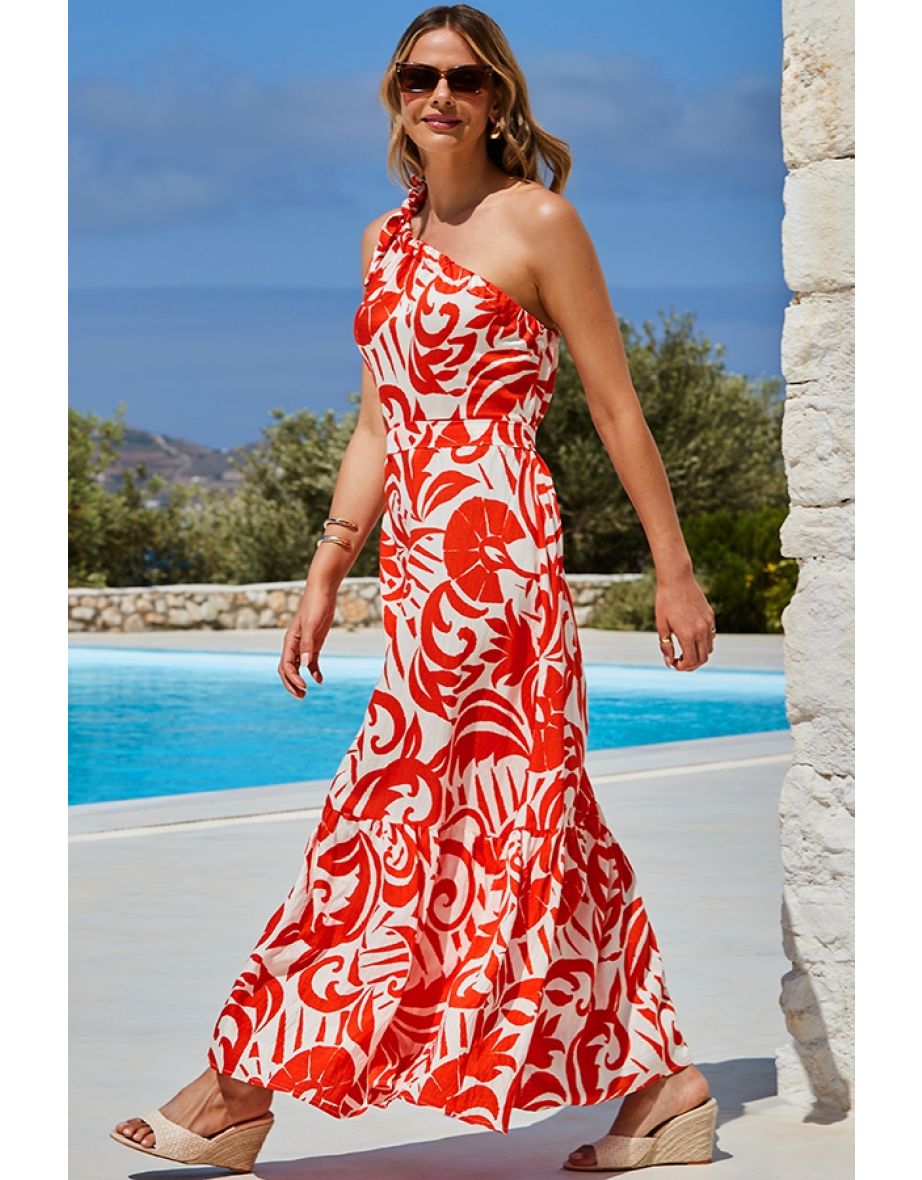 Red & Ivory Summer Print One Shoulder Maxi Dress - 4
