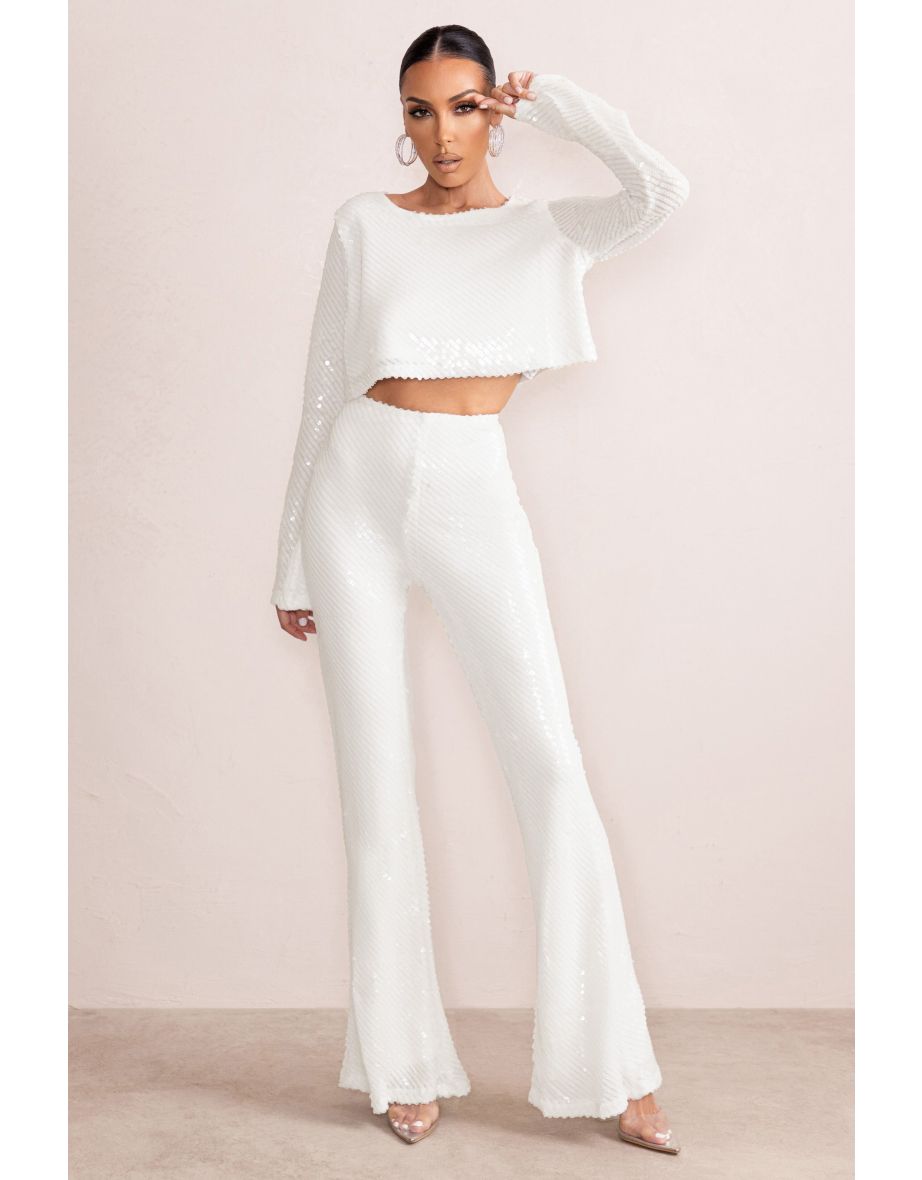 Dropping Hints | White Sequin Wide Leg Trousers