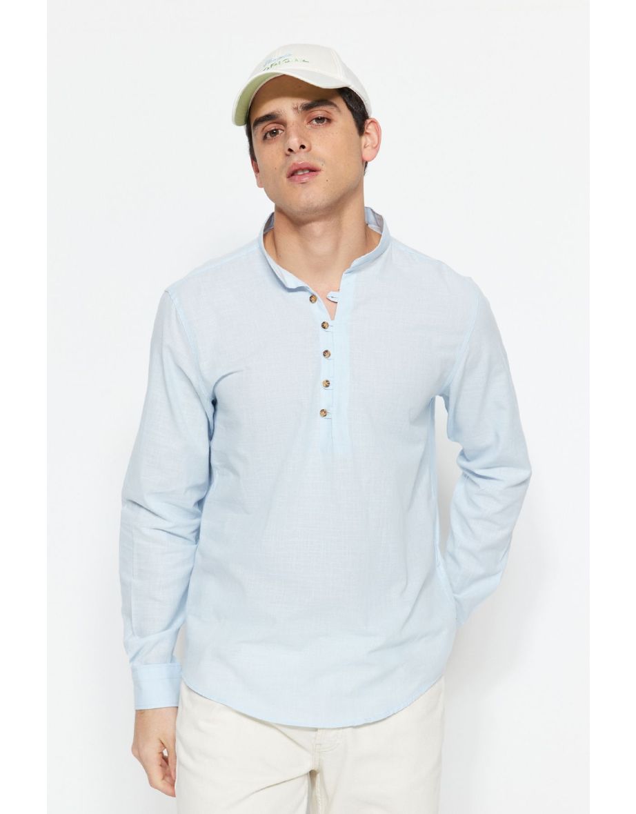 Blue Men's Slim Fit Shirt with Half-Pleats and Buttons, Wide Collar 100% Cotton