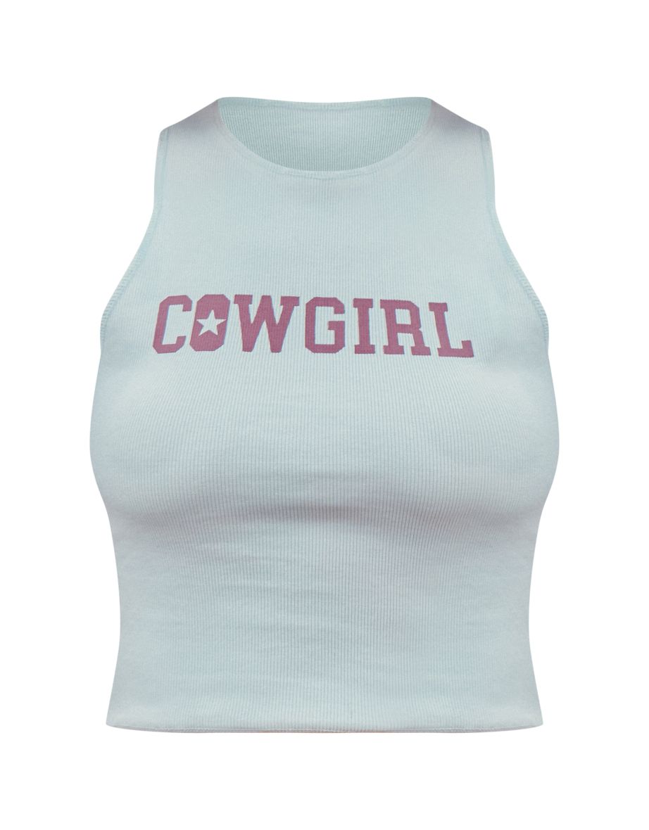 Light Blue Cowgirl Graphic Racer Crop Top - 4