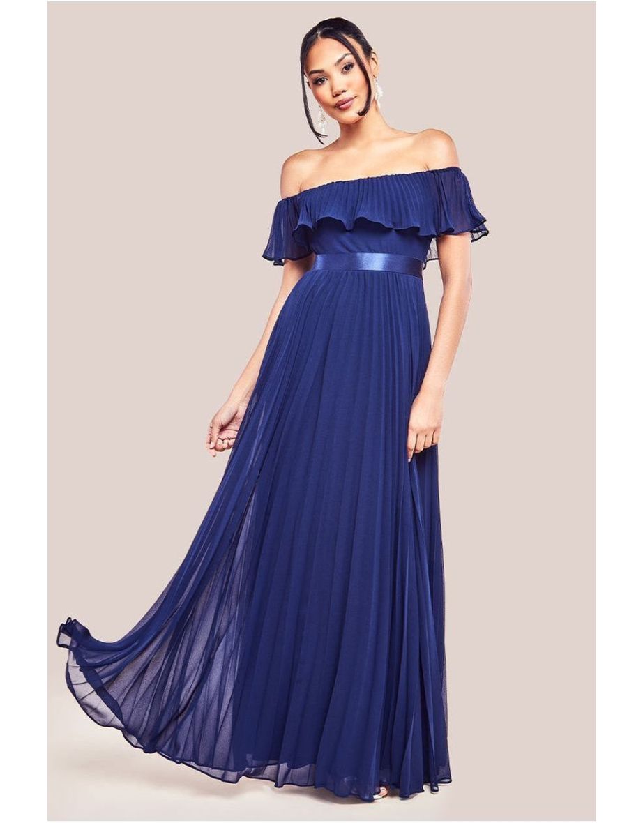 Goddiva Pleated Chiffon Off Shoulder Maxi Dress - Navy
