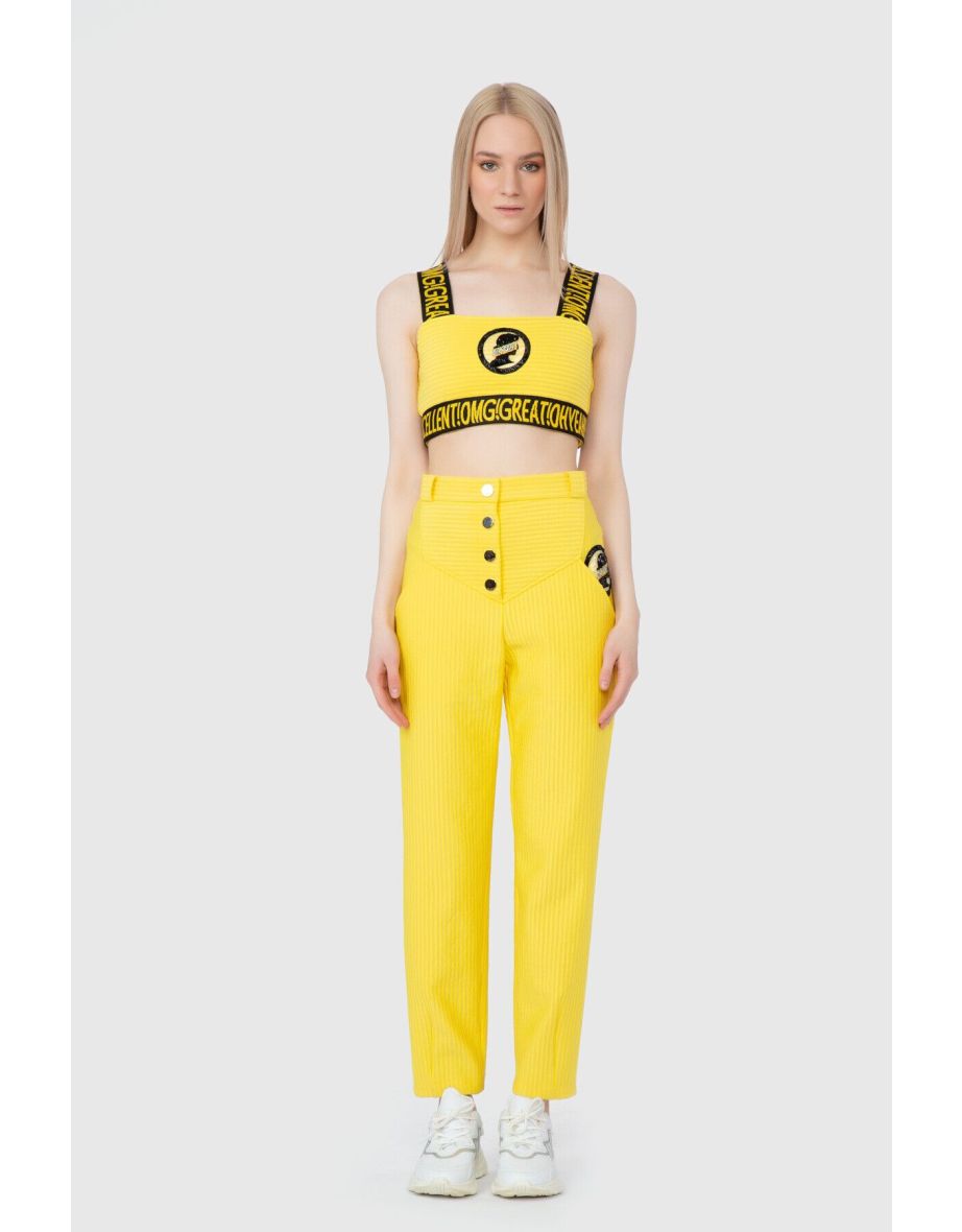 High Waist Embroidery Detail Snap Fastened Mom Yellow Trousers