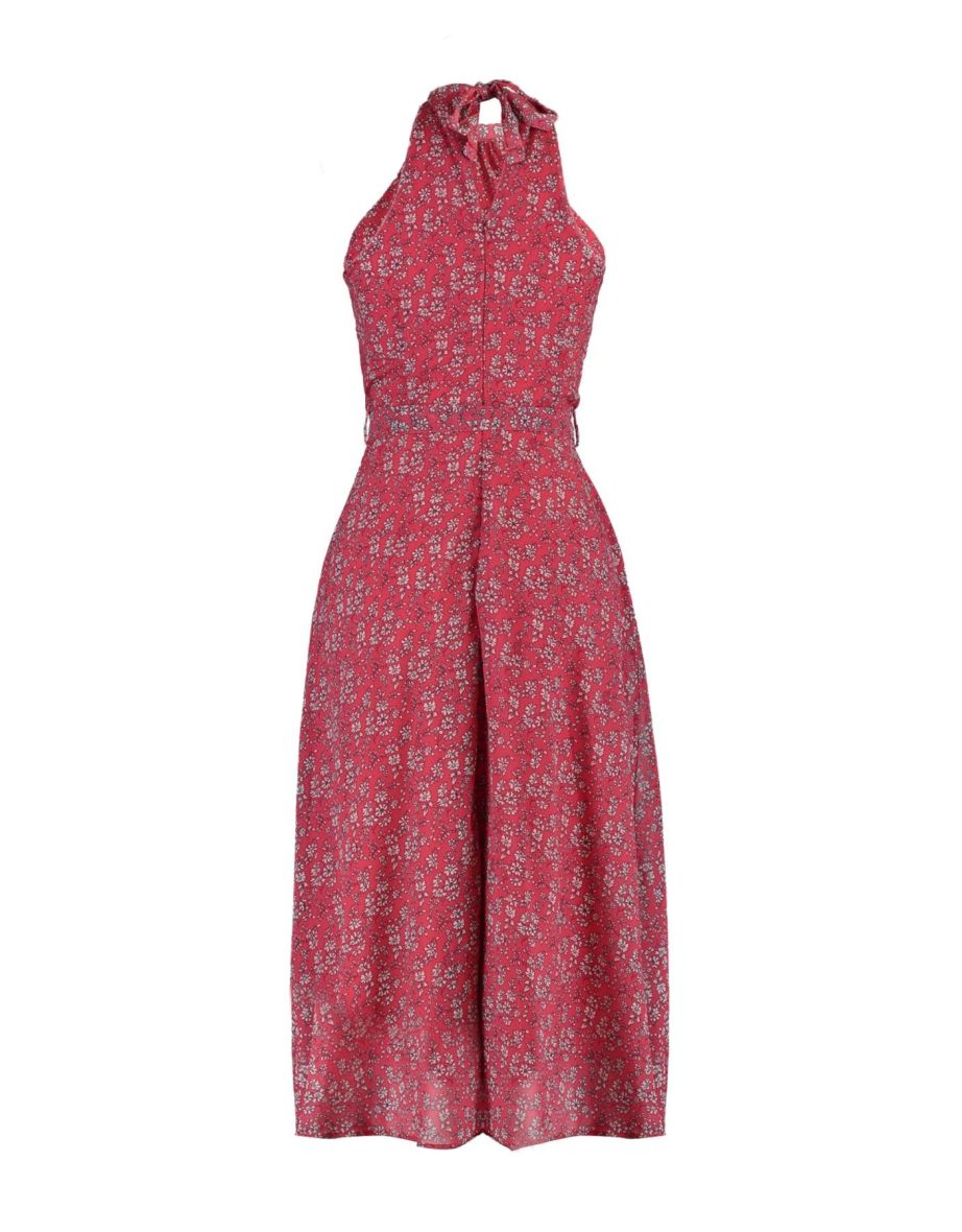 Pink Floral Halter Neck A-Line Midi Skater Dress - 11