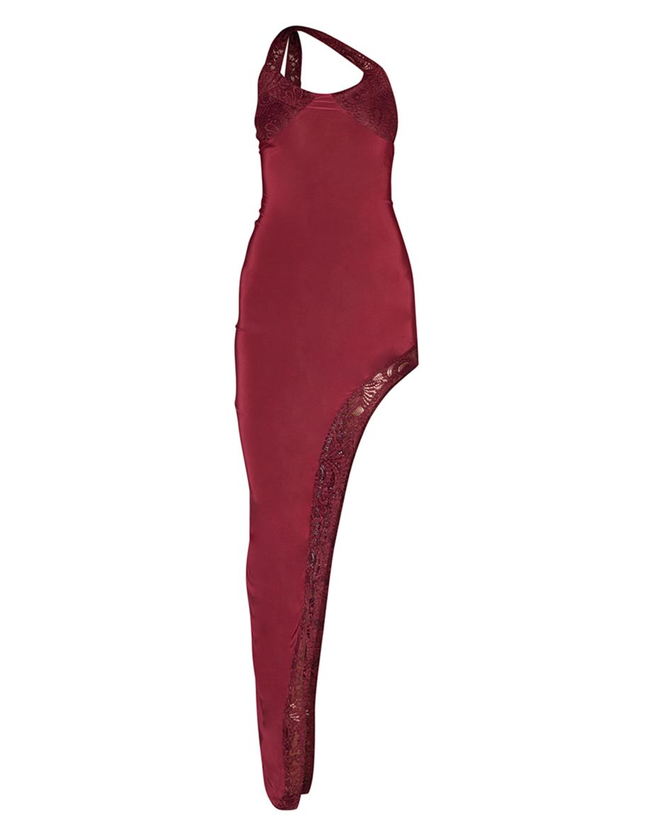 Cherry Red Asymmetric Hem Lace Cup Detail Maxi Dress - 4