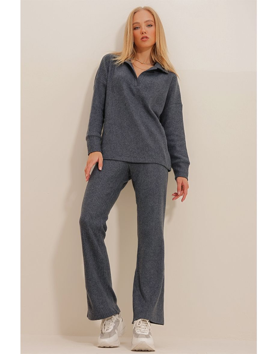 Women's Anthracite Polo Top and Palazzo Pants Knitwear Bottom and Top Set