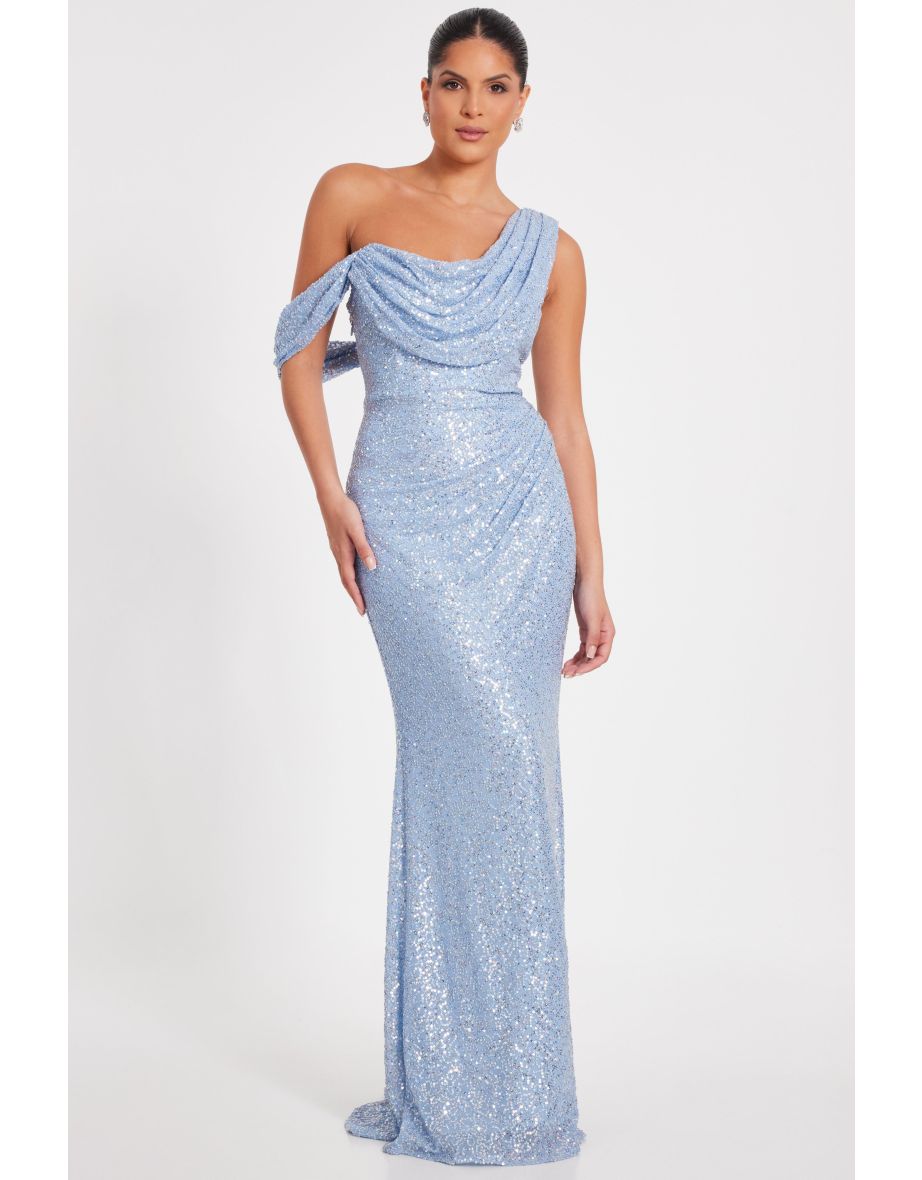 Blue Sequin Cowl Neck Maxi Dress