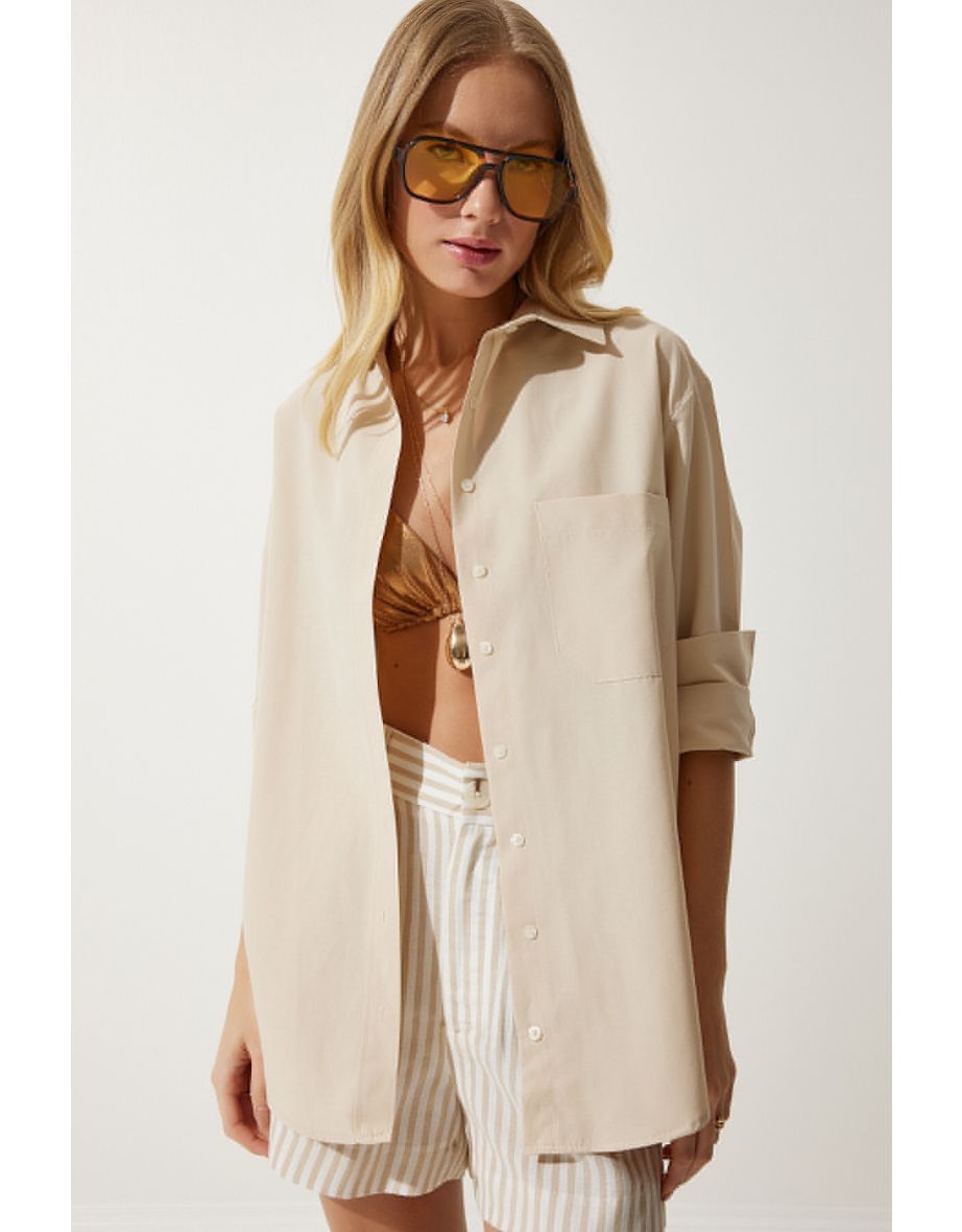 Women's Latte Single Pocket Boyfriend Poplin Shirt