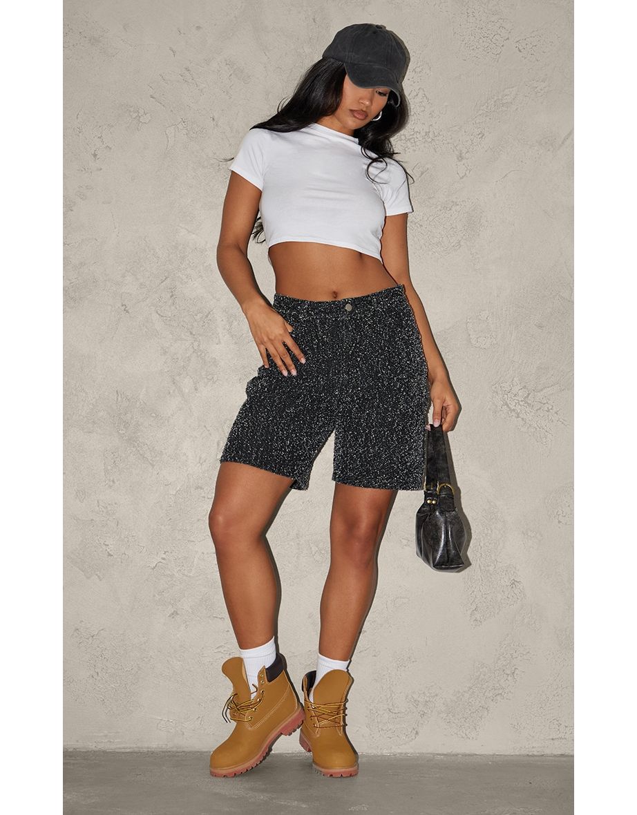 Dark Grey Bobble Denim Baggy Cargo Shorts