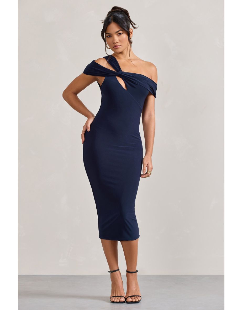 Chain Reaction | Navy Strappy Asymmetric Bodycon Midi Dress - 4