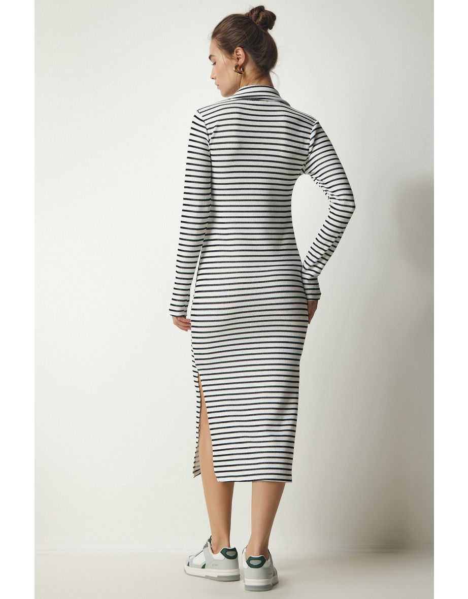 Women's White Polo Neck Striped Camisole Dress - 4