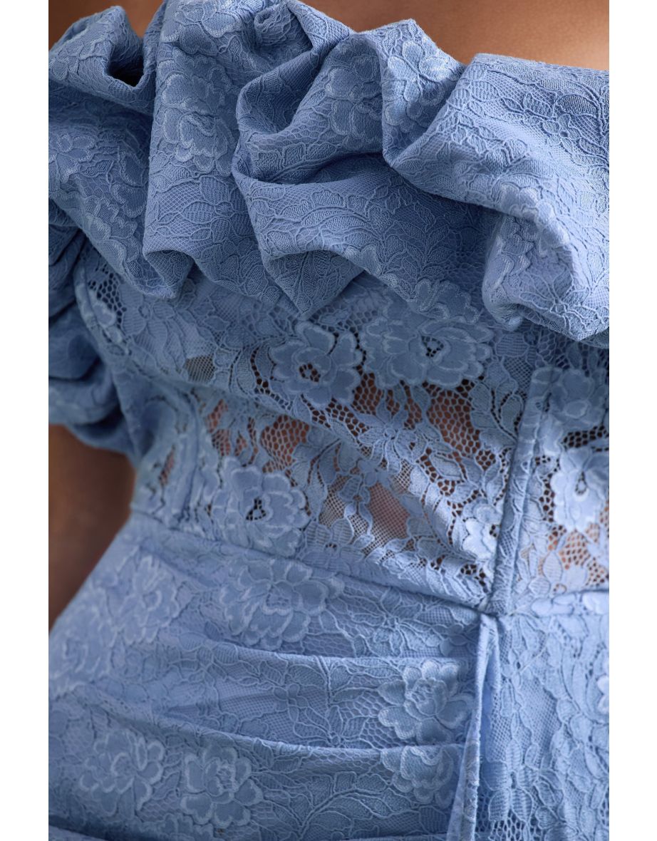 Neptune | Blue Lace Strapless Ruffled Mini Dress With Drape - 5