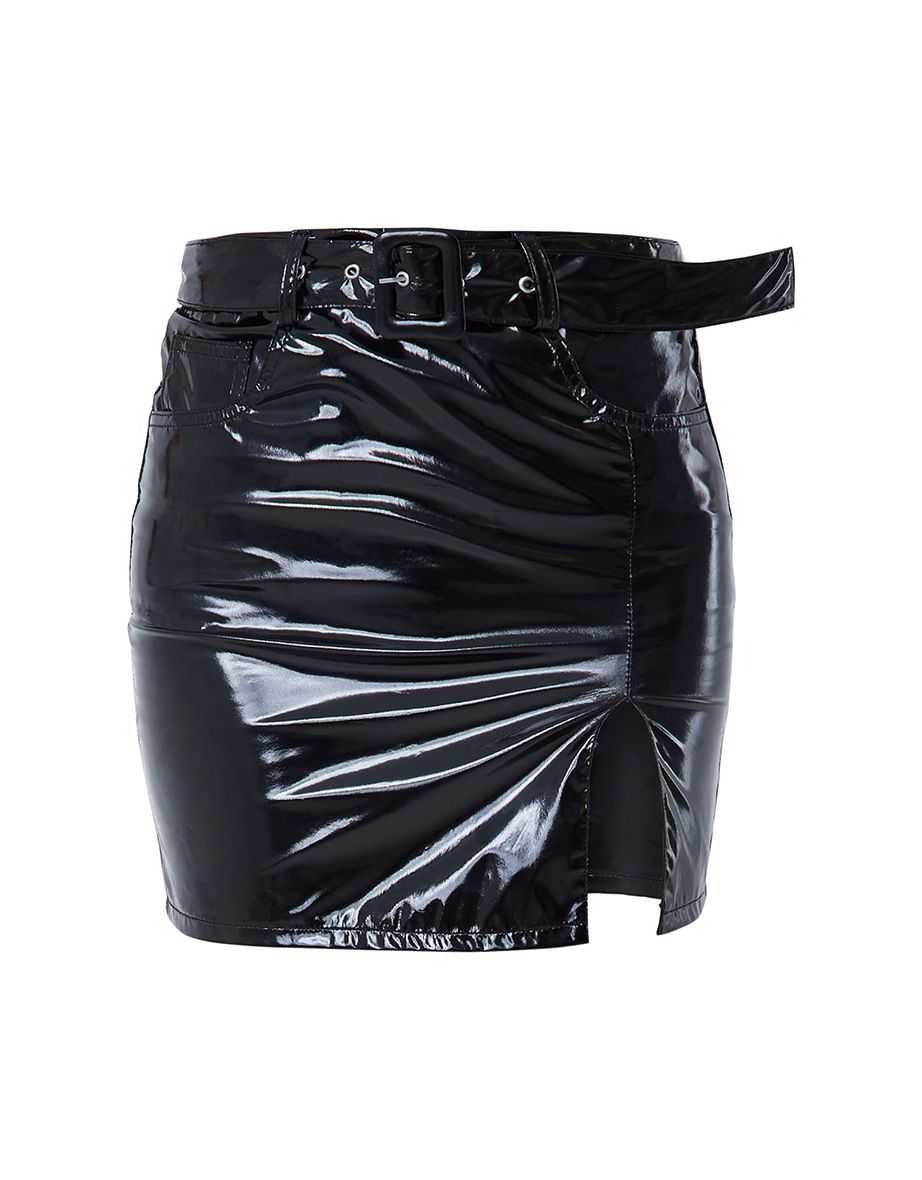 Black Vinyl Belted Mini Skirt - 4