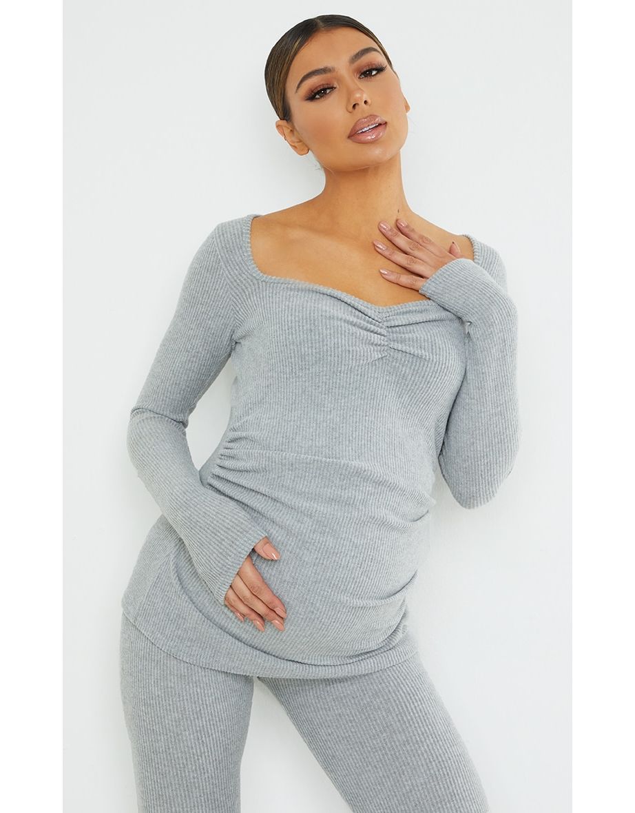 Maternity Grey Ruched Bust Brushed Rib Top