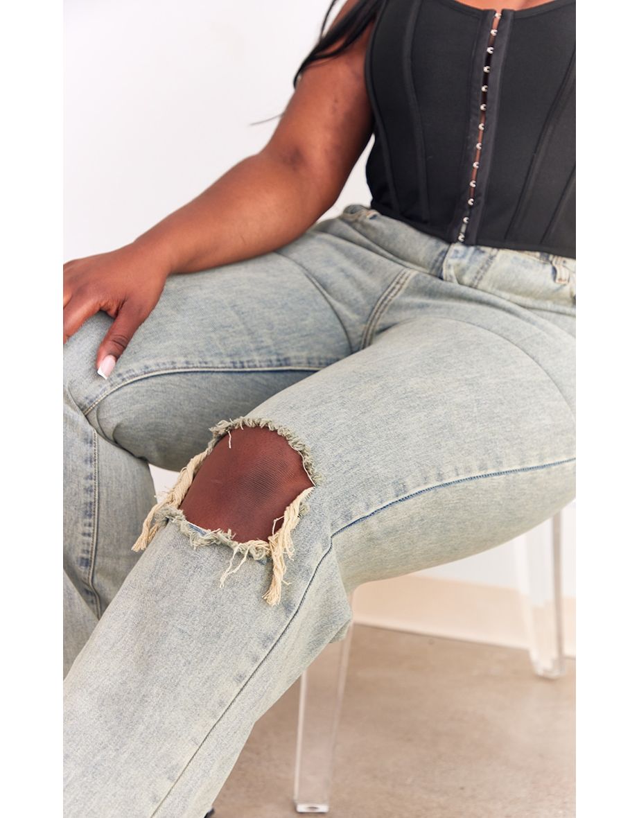 Plus Vintage Wash Wash Open Knee Long Straight Leg Jeans - 3