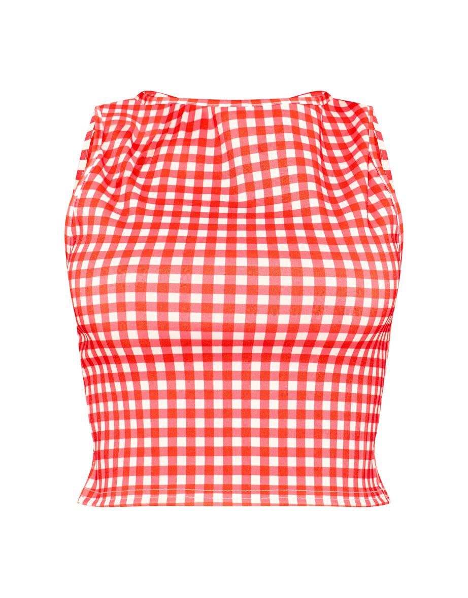 Red Gingham Print Fitted Racer Top - 4