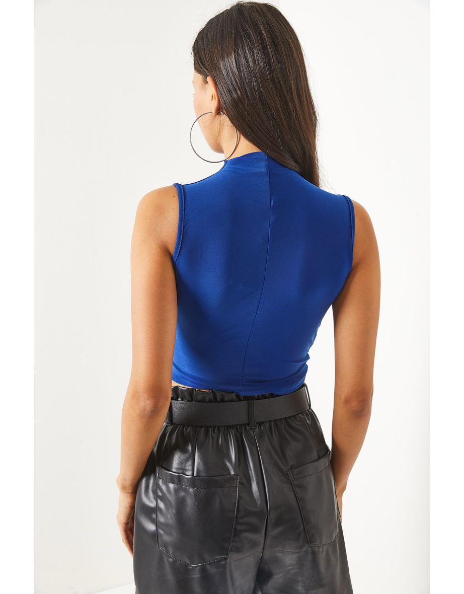 Women's Saxon Blue Stand-Up Collar Smocking Detailed Crop Top - 3