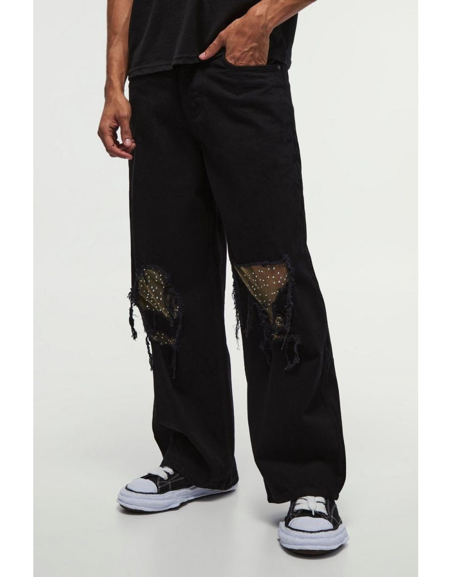 Baggy Fit Rigid Ripped Embellished Jeans - black