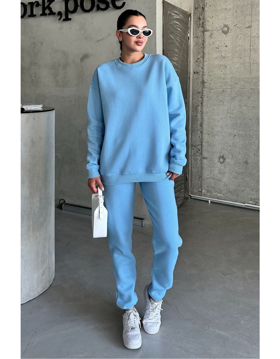 Baby Blue Crew Neck Plain Oversize Bottom-Top Tracksuit Set - 6