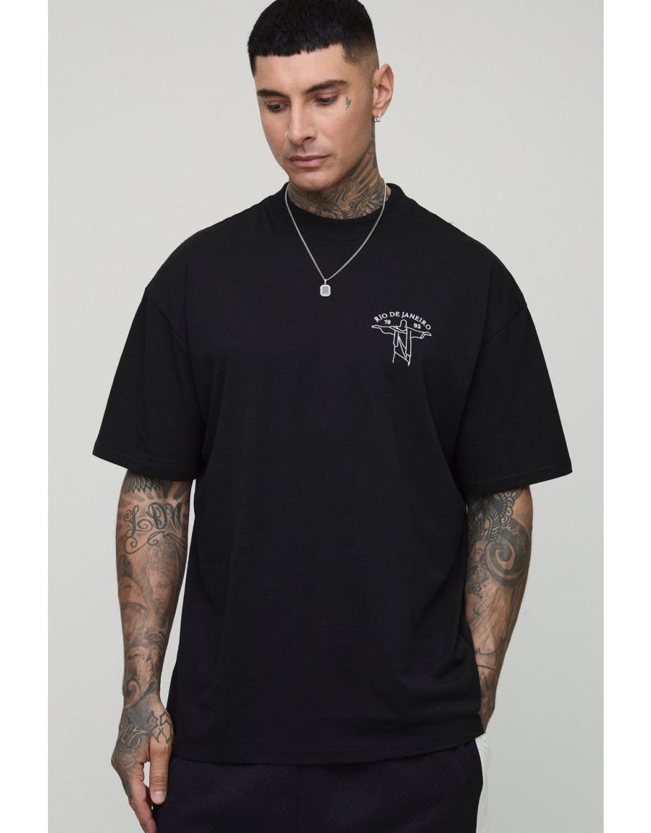 Tall Oversized Extended Neck Embroidered Rio De Janeiro Embroidered T-Shirt - black