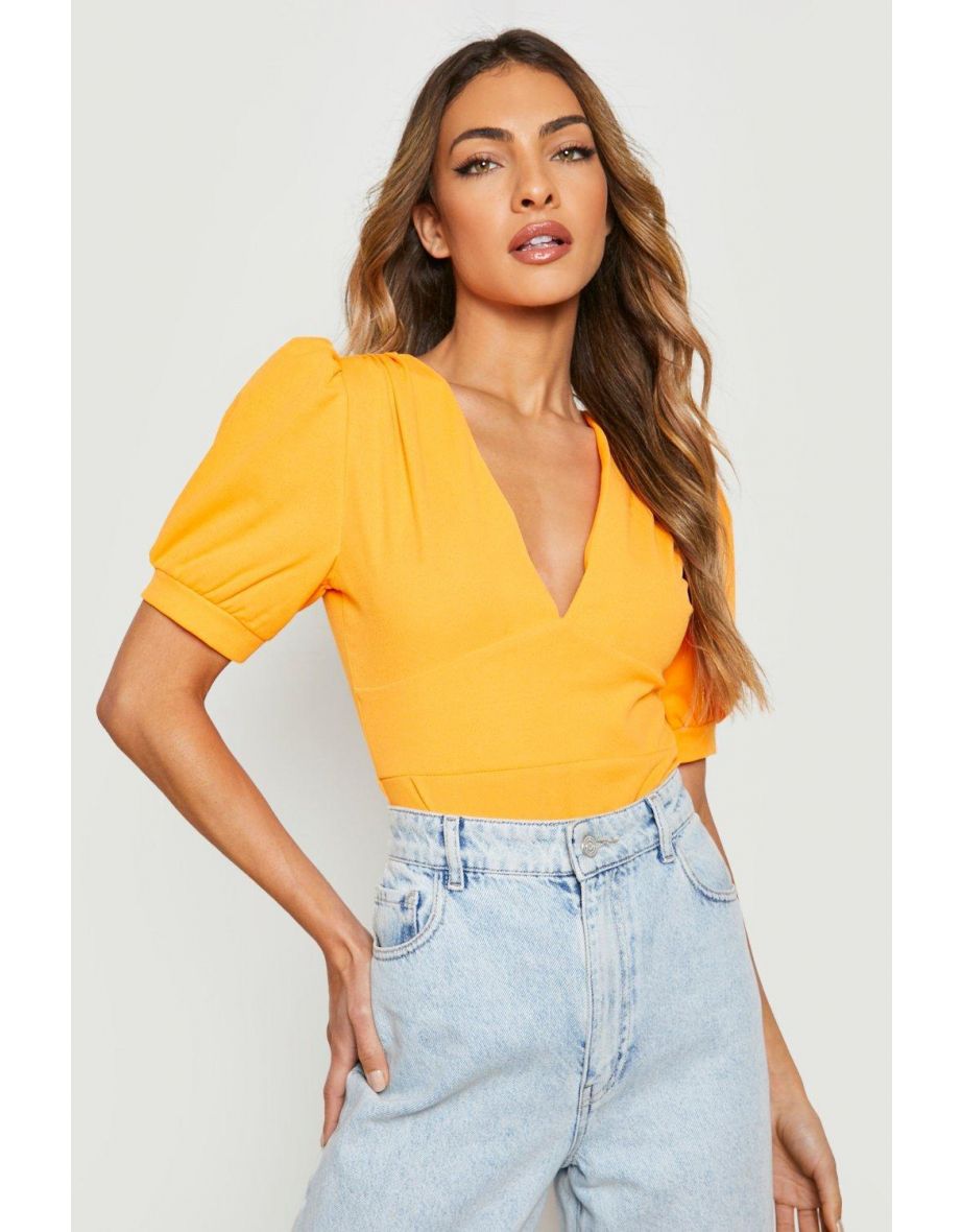 Plunge Puff Sleeve Bodysuit - orange