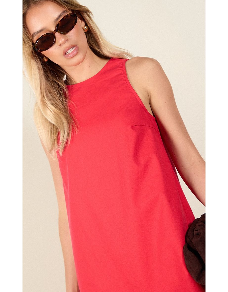 Tomato Red Linen-Blend Tie Back Sleeveless Shift Dress - 3