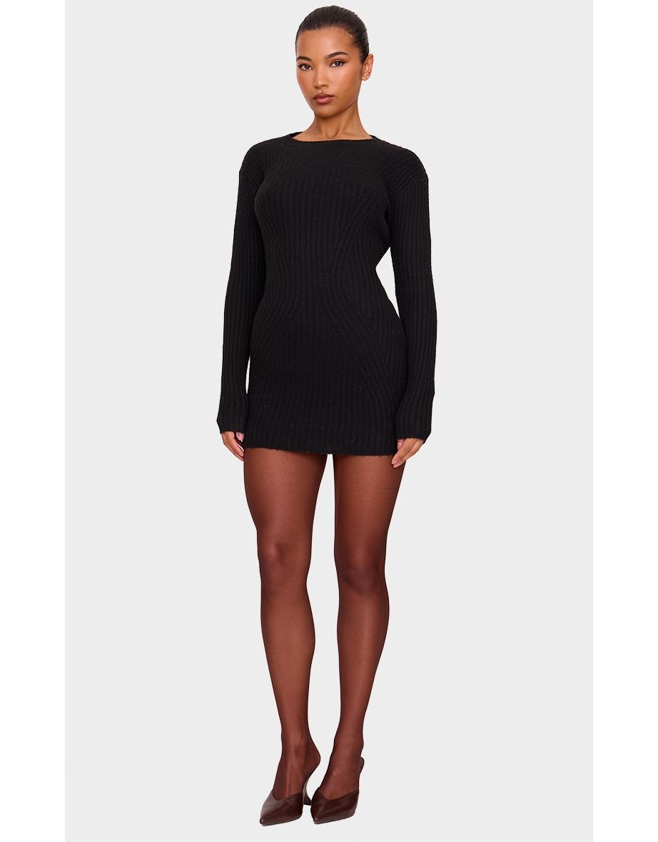 Black Soft Textured Rib Knit Floaty Mini Dress