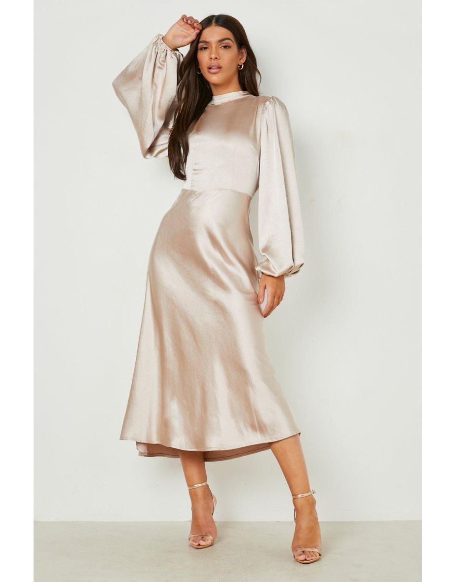 Shop Satin High Neck Balloon Sleeve Midi Dress champagne Online in Bahrain VogaCloset