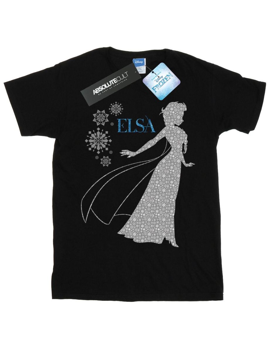 Disney Girls Frozen Elsa Christmas Silhouette Cotton T-Shirt - Black - 3