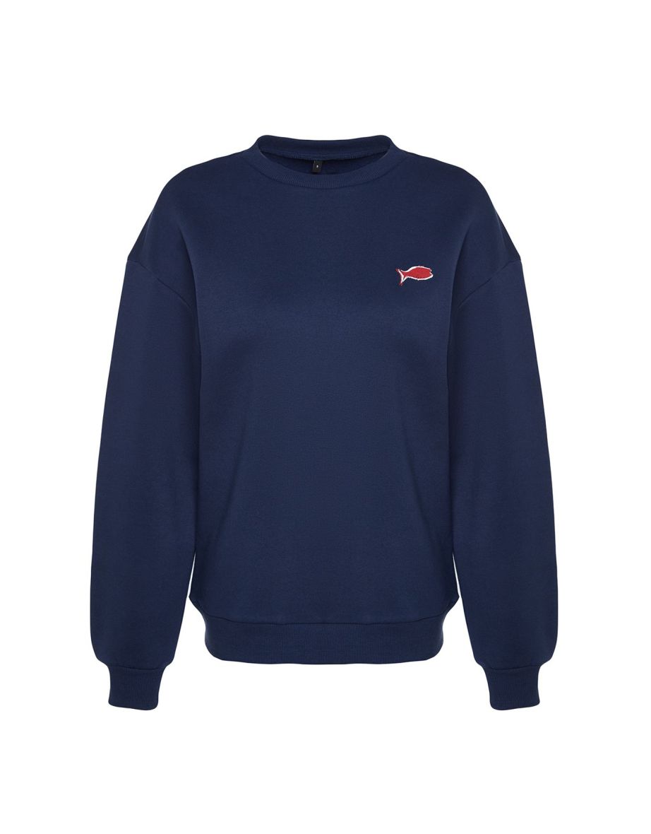 Navy Blue Printed Oversize Crew Neck Knitted Sweatshirt - 7