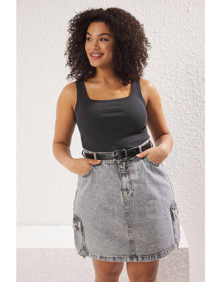 Anthracite Square Collar Rib Large Size Knitted