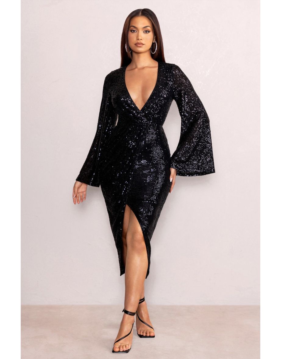 Amber | Black Sequin Plunge Wrap Maxi Dress with Cape Sleeves and Front Split - 3