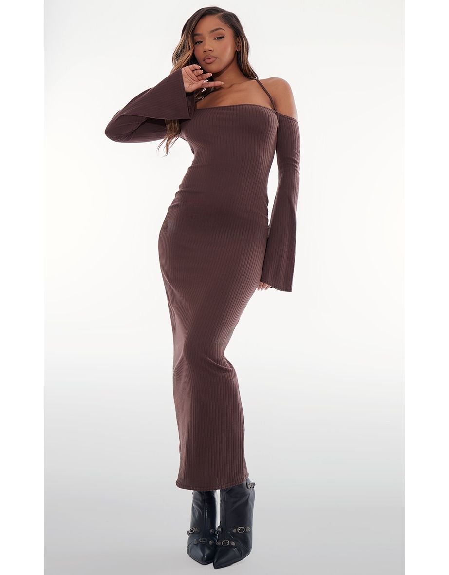 Chocolate Rib Long Sleeve Square Neck Split Leg Maxi Dress