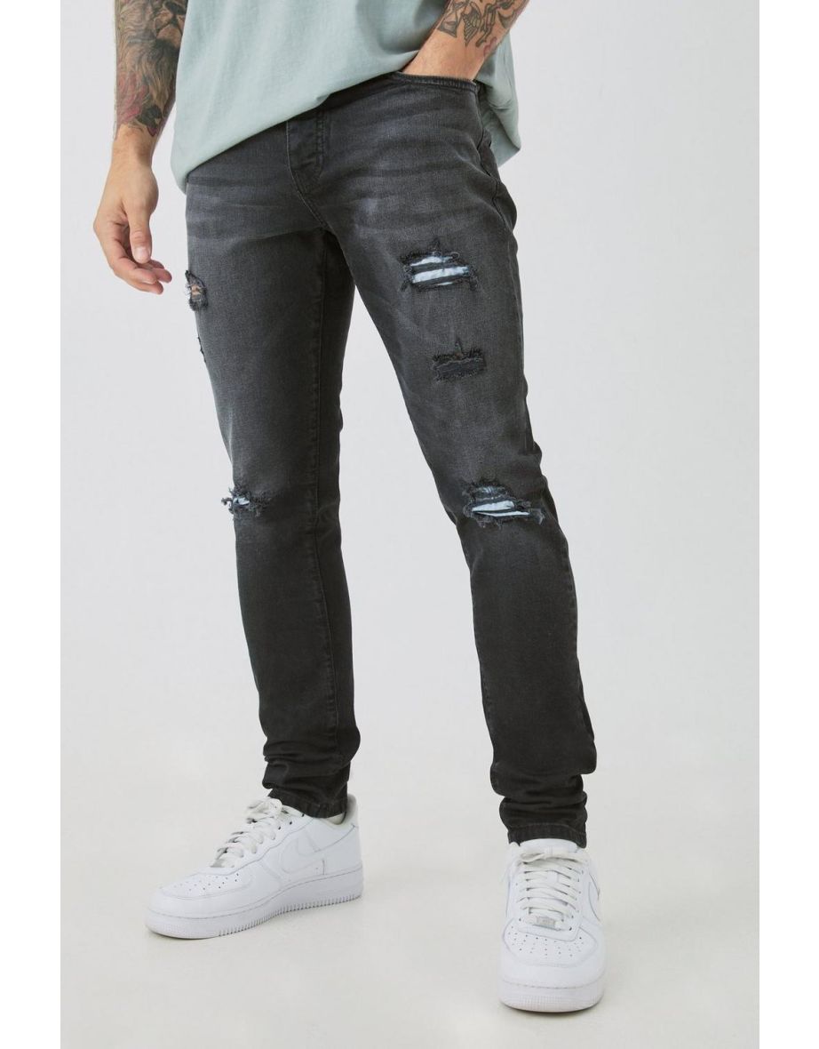 Skinny Stretch Ripped Bandana Jeans In Washed Black - washed black