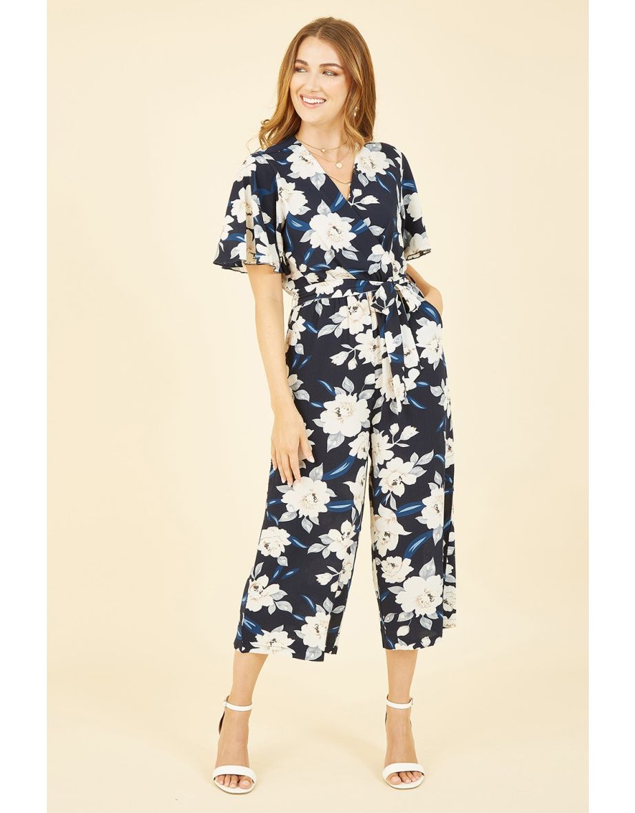 Mela Navy Floral Print Jumpsuit With Angel Sleeves