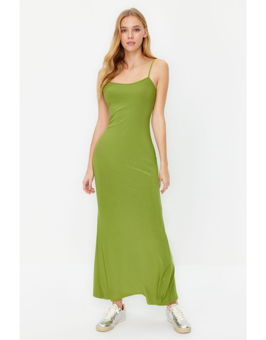 Green Fitted Strappy Maxi Stretchy Knitted Maxi Dress