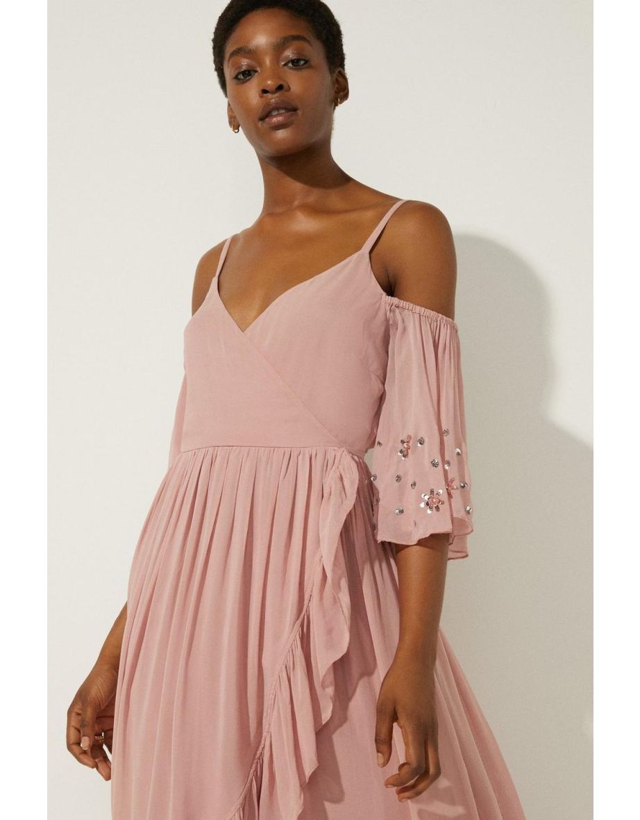 Embellished Cold Shoulder Wrap Midi Dress - 3