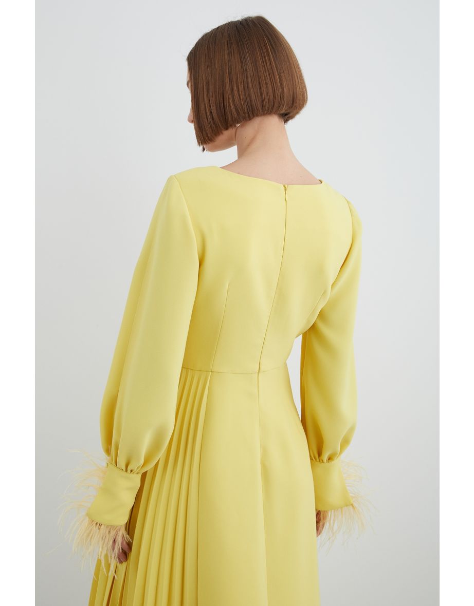 Yellow Dress with Embroidery and Feather Detail, Asymmetric Hem with Sleeve Slits - 3