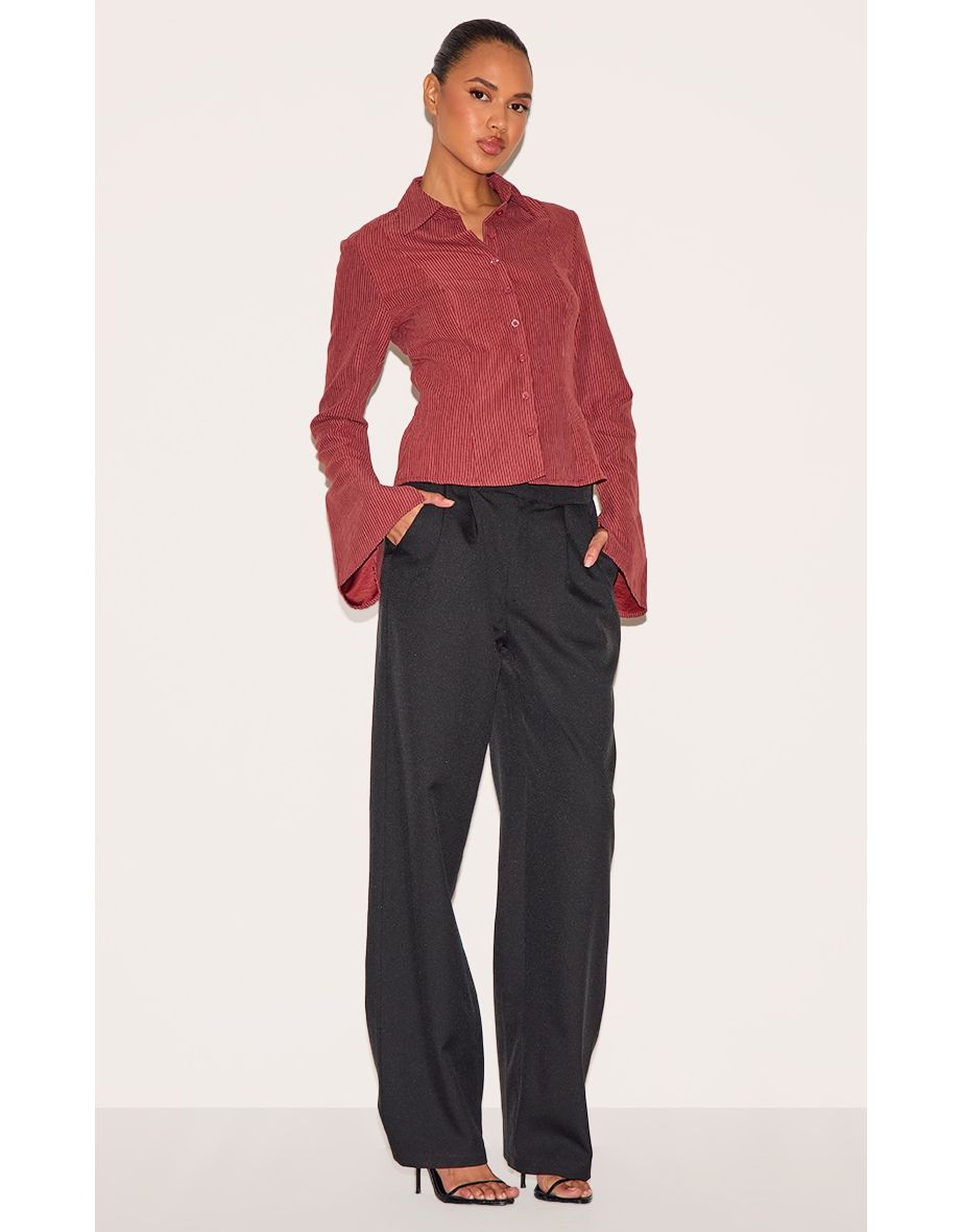 Burgundy Striped Peach Skin Fitted Shirt